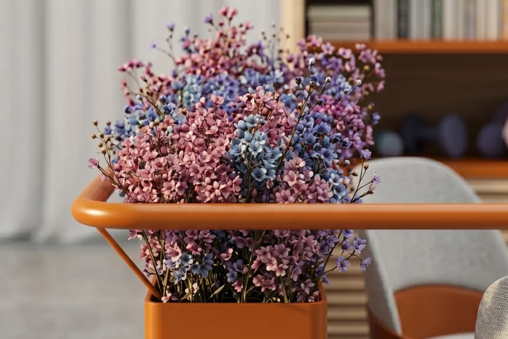 Dettaglio di una fioriera arancione con corrimano integrato e fiori, in una zona comune con libreria sullo sfondo