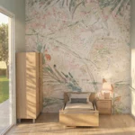 Camera singola con armadio Agora in legno, letto e parete decorata per residenza per anziani