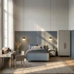 Camera singola di casa di riposo arredata con letto, armadio e scrivania della linea Carisma