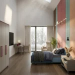 Camera per studentato o cohousing con armadio Carisma, zona studio e parete attrezzata colorata