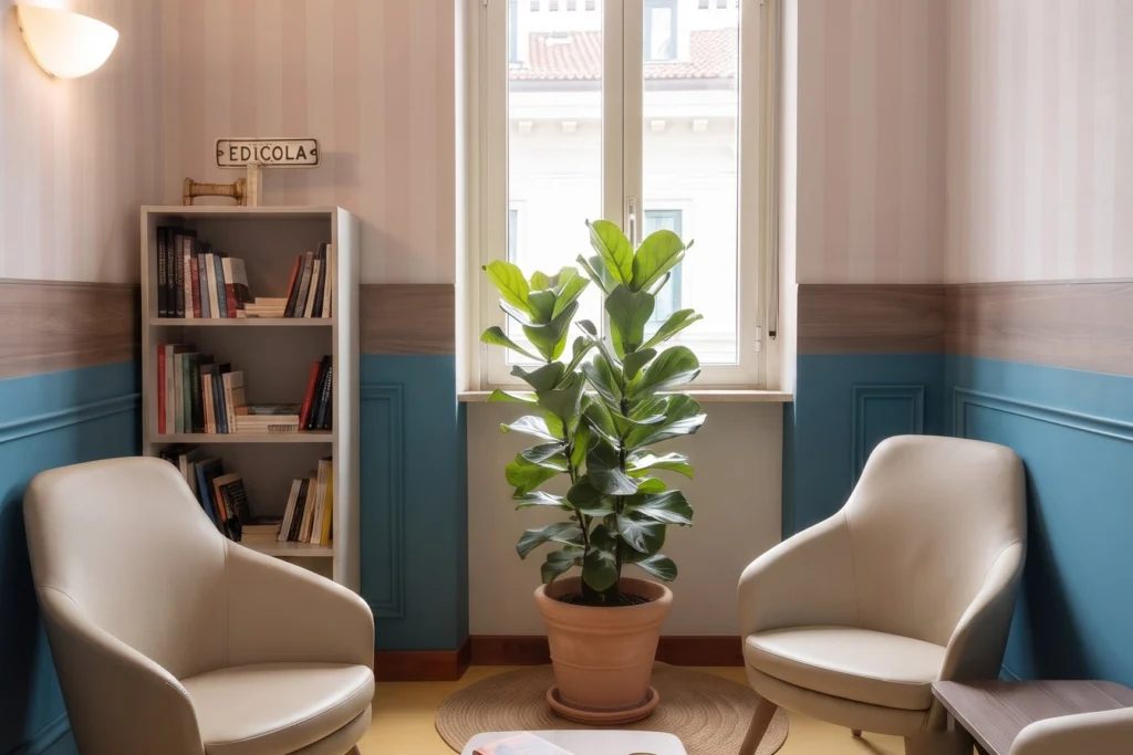 Angolo lettura con poltrone, libreria e tavolino basso — RSA, progetto Ad Maiores