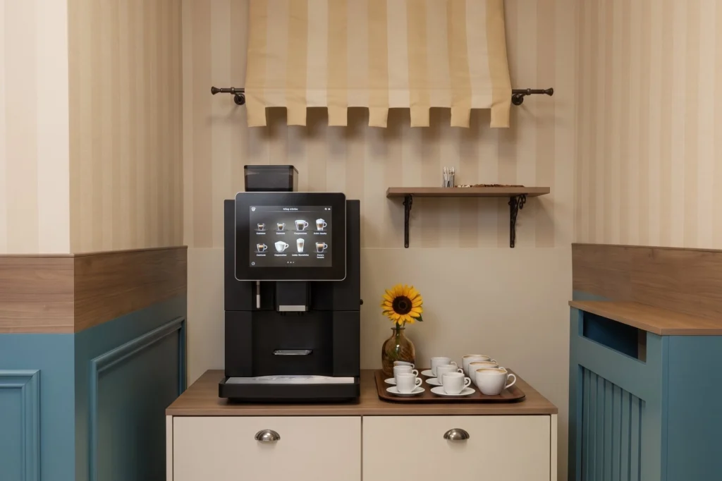 Angolo caffetteria con mobile contenitore su misura e tendina in tessuto — RSA, progetto Ad Maiores
