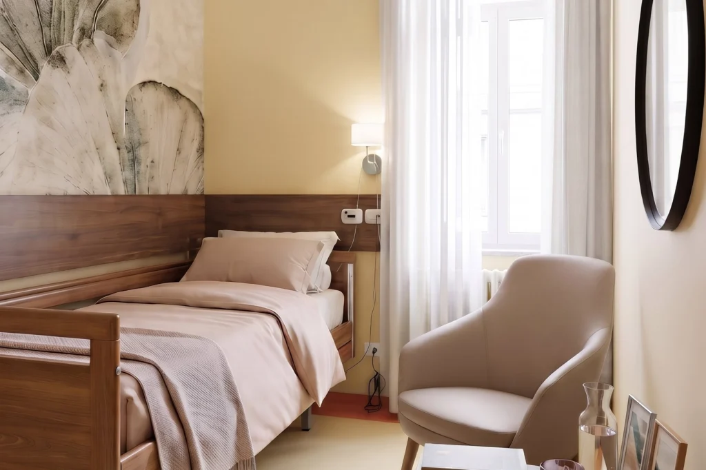 Camera singola con letto di degenza in noce, poltrona relax e tavolino — RSA, progetto Ad Maiores