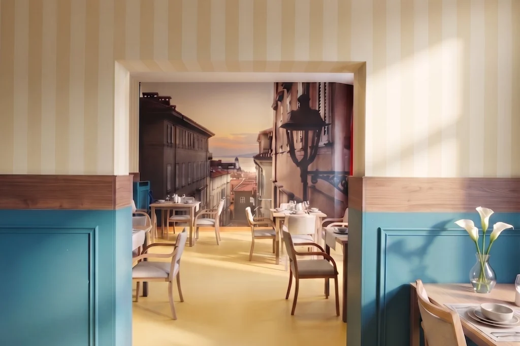 Sala da pranzo con boiserie blu, tavoli e sedute in legno — RSA, progetto Ad Maiores