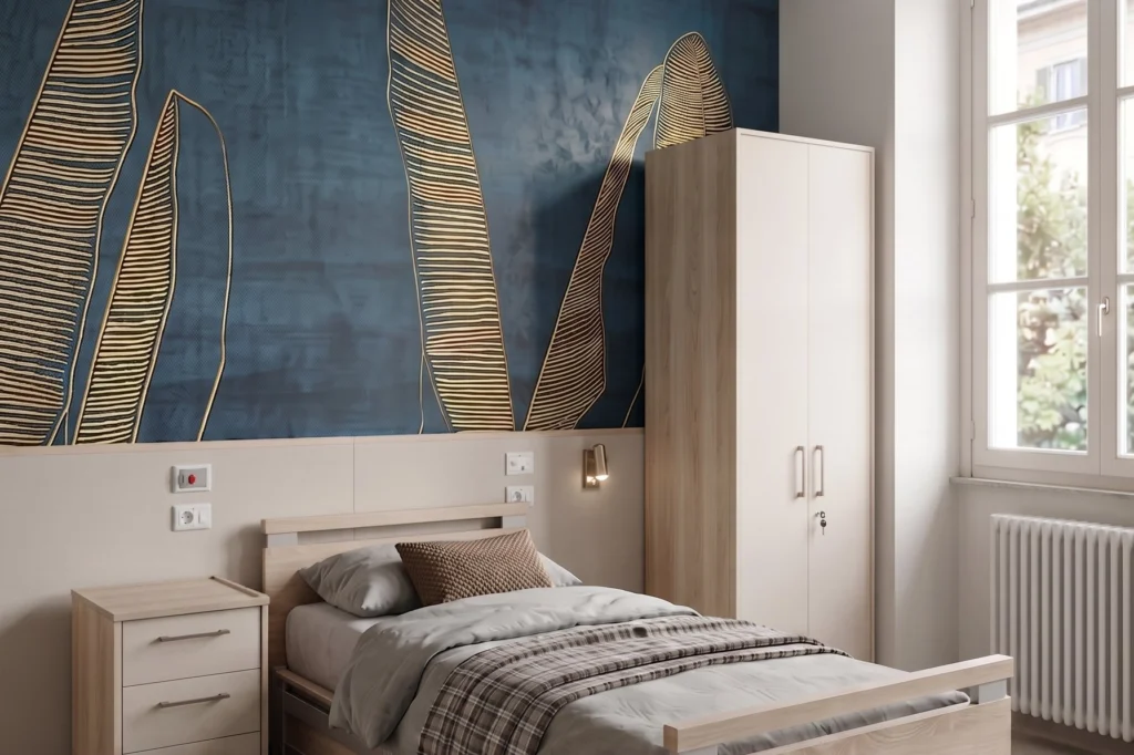 Camera singola con letto di degenza, comodino e armadio a due ante — RSA, progetto Belletti