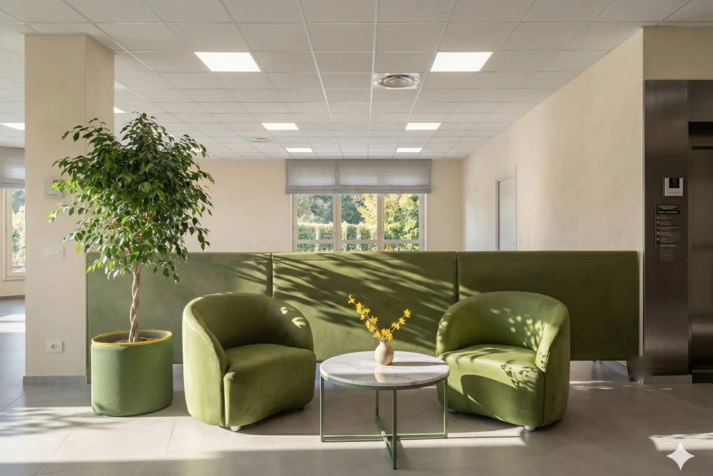 Hall d'ingresso con poltrone verdi e panca imbottita su misura — RSA, progetto Danielato