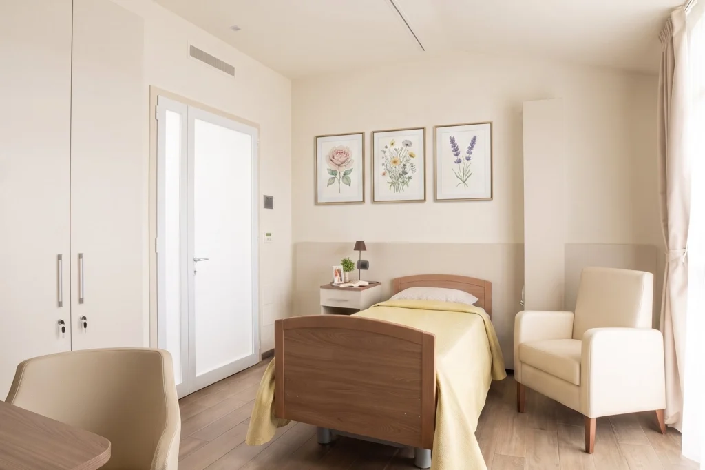 Camera singola con letto di degenza, armadio e poltrona per il visitatore — RSA, progetto Novara