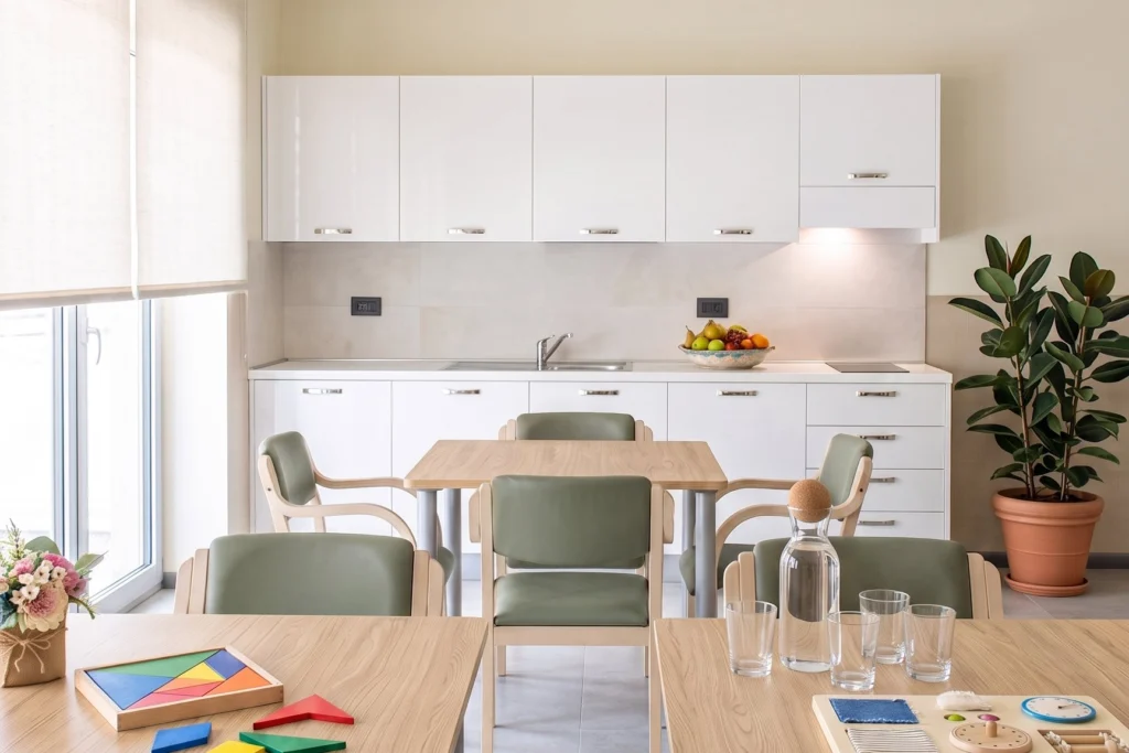 Cucina comune con tavoli per le attivita occupazionali e sedute con braccioli — RSA, progetto Novara