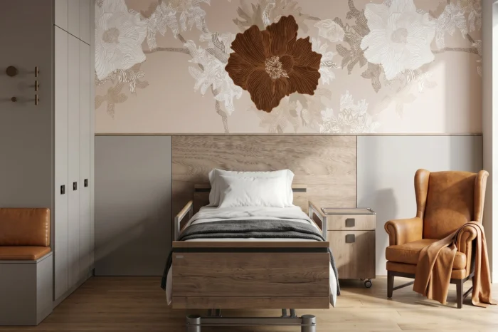 Camera con letto di degenza in legno, poltrona bergere e murale floreale — RSA, progetto PCDR