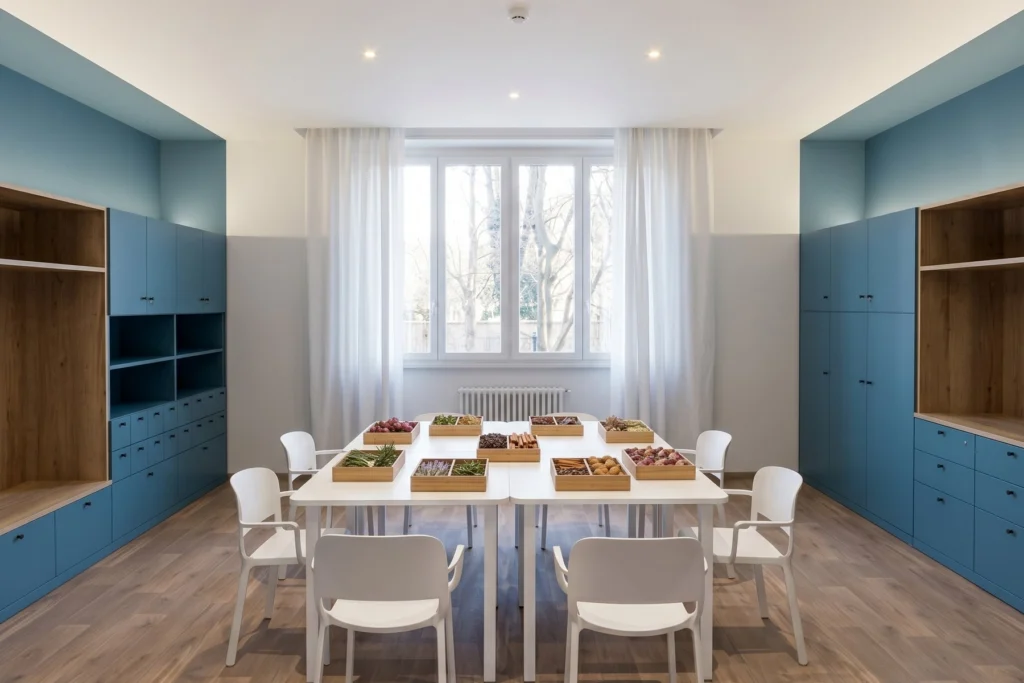 Sala attivita con armadiature blu su misura e tavolo comune — RSA, progetto PCDR
