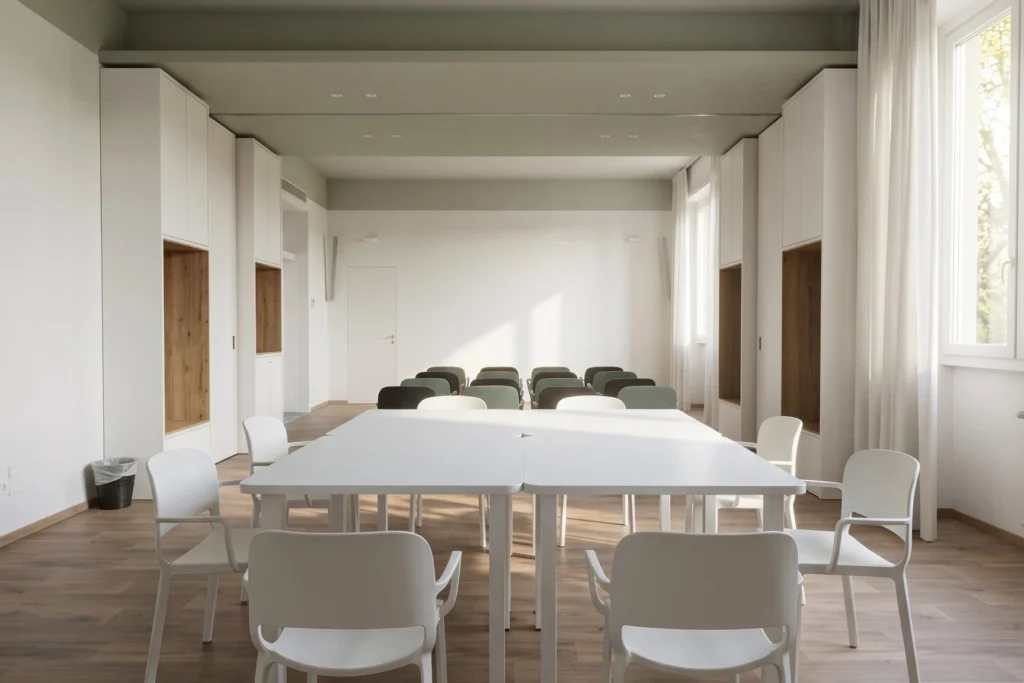 Sala polifunzionale con tavolo modulare e sedute impilabili — RSA, progetto PCDR