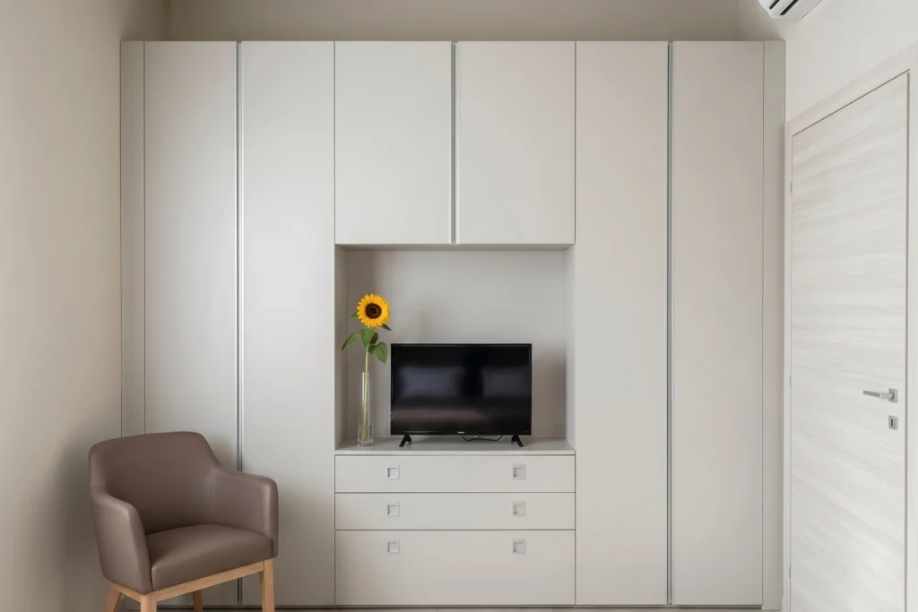 Parete armadio su misura con vano TV a giorno e cassettiera — cohousing, progetto San Paolo