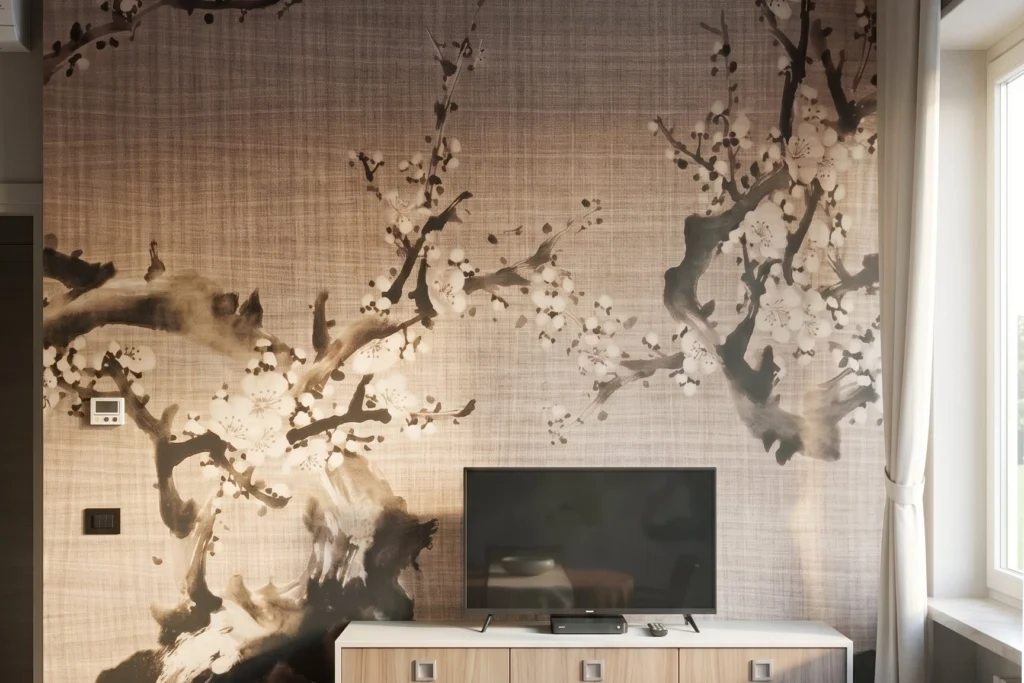 Zona pranzo con mobile porta TV, tavolo tondo e murale decorativo — cohousing, progetto San Paolo