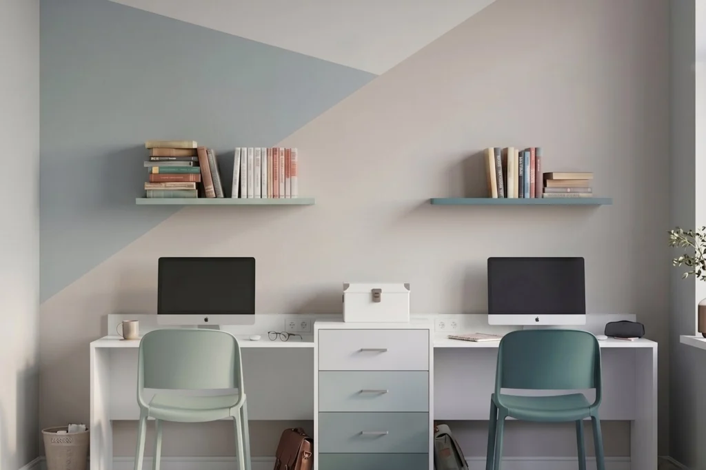 Doppia postazione studio con scrivanie, cassettiera e mensole — residenza universitaria, progetto Studentati