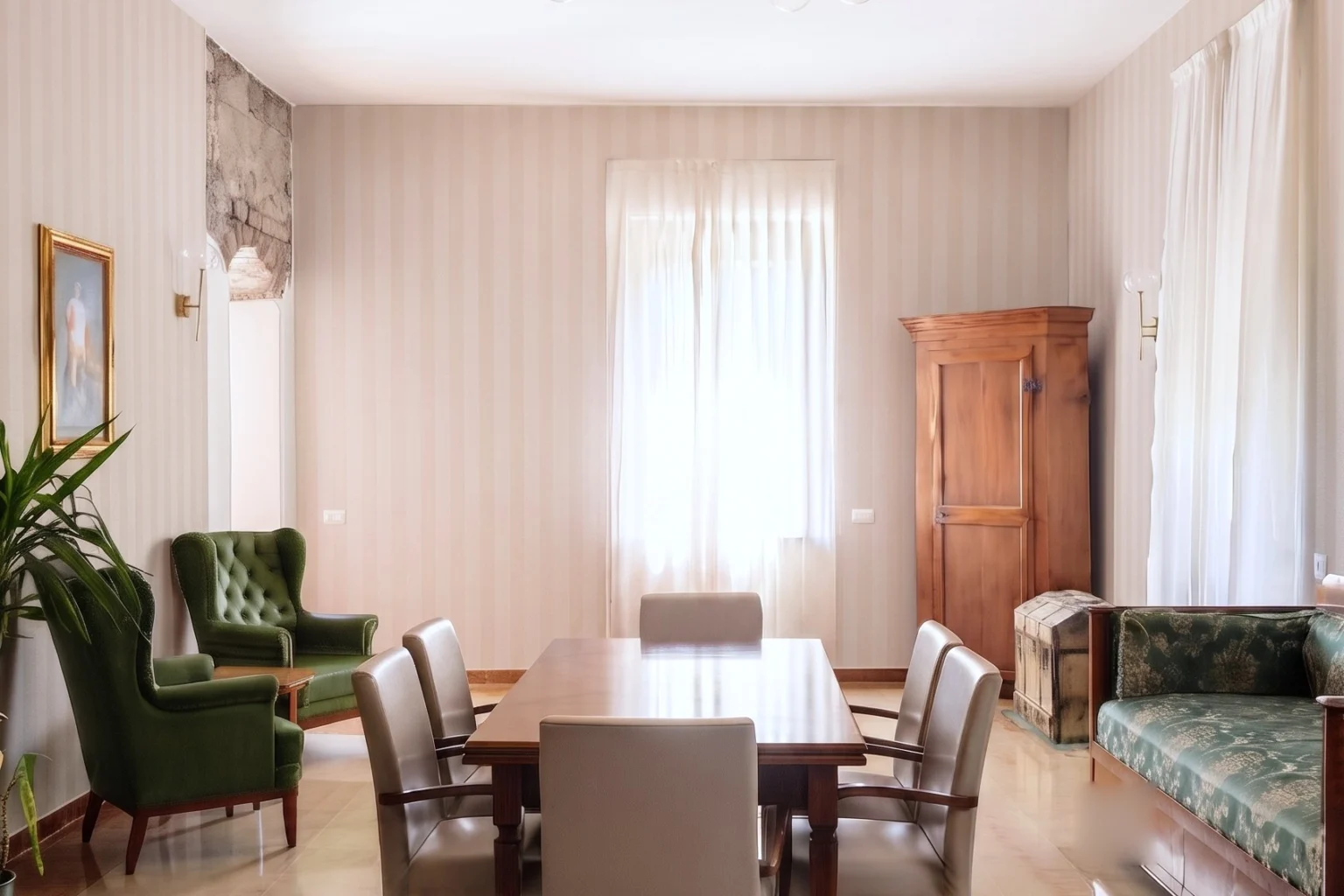 Sala comune con tavolo da pranzo, poltrone Chesterfield e armadio d'epoca — RSA, progetto Villa Spada